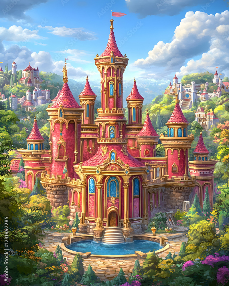 Obraz premium Majestic pink castle overlooking hills, tranquil garden, fairytale setting; ideal for children's books