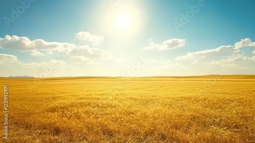 Golden wheat field under a bright sun with a clear blue sky and distant mountains photo