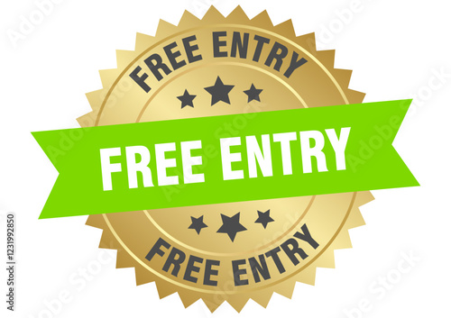 free entry. free entry round green and gold label isolated on transparent background