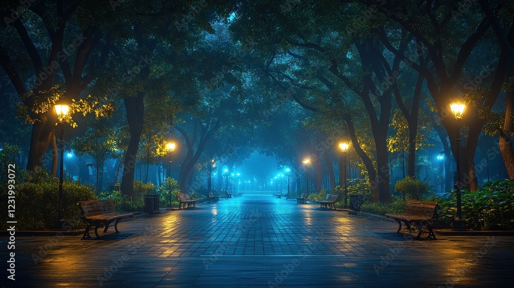 Foggy Night Park Path, City Lights, Romance