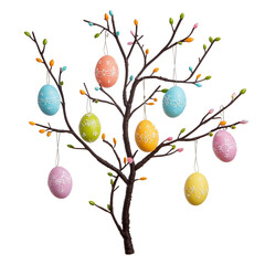 easter eggs hanging on tree branch isolated on white background