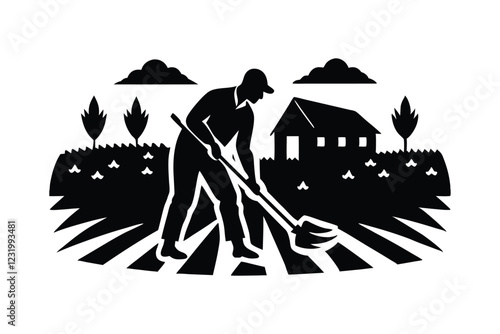 A man is cultivating his land silhouette illustration.eps