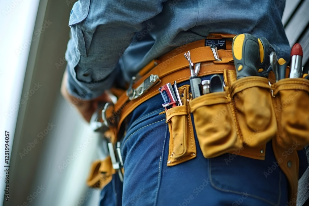Skilled worker with tool belt in action Skilled worker with tool belt in action