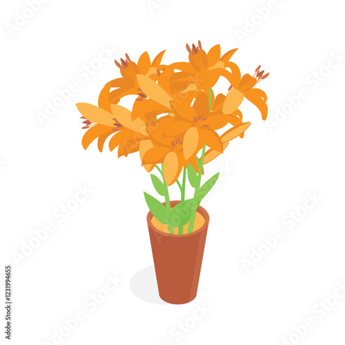 A vibrant green houseplant in a pot, presented in an isometric style.