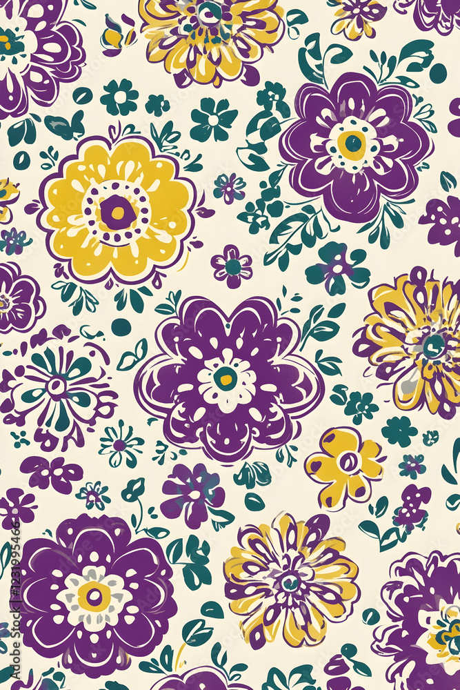 Purple and yellow floral pattern, textile design, background for fashion or home decor Purple and yellow floral pattern, textile design, background for fashion or home decor