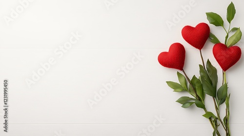 Romantic Red Felt Hearts On White Wooden Background