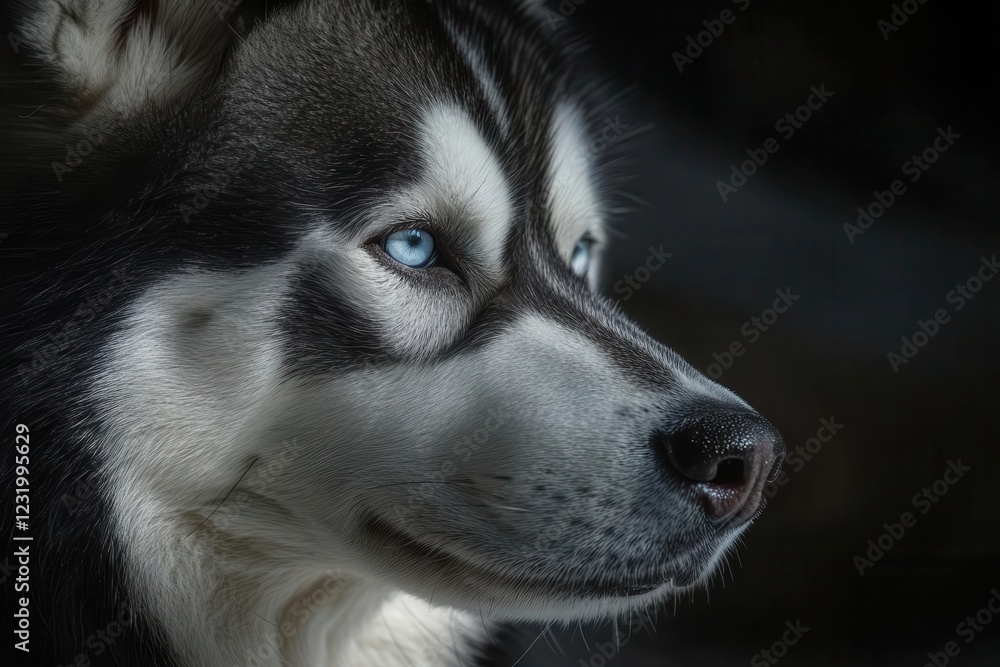 Obraz premium close-up portrait of a noble dog with soulful eyes, rich fur texture detail, dramatic side lighting creating depth and character