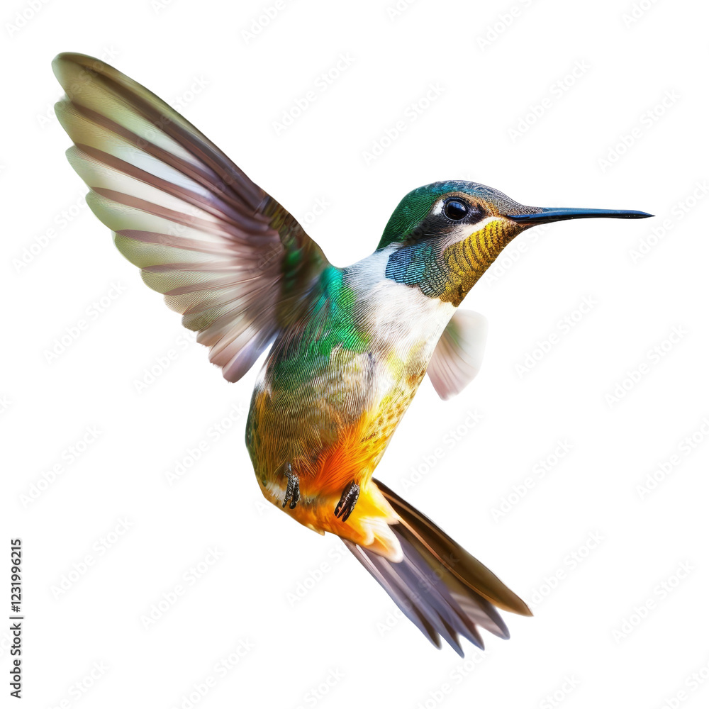 Fototapeta premium A vibrant hummingbird in mid-flight with iridescent feathers, captured against a white background, showcasing nature's beauty and agility.