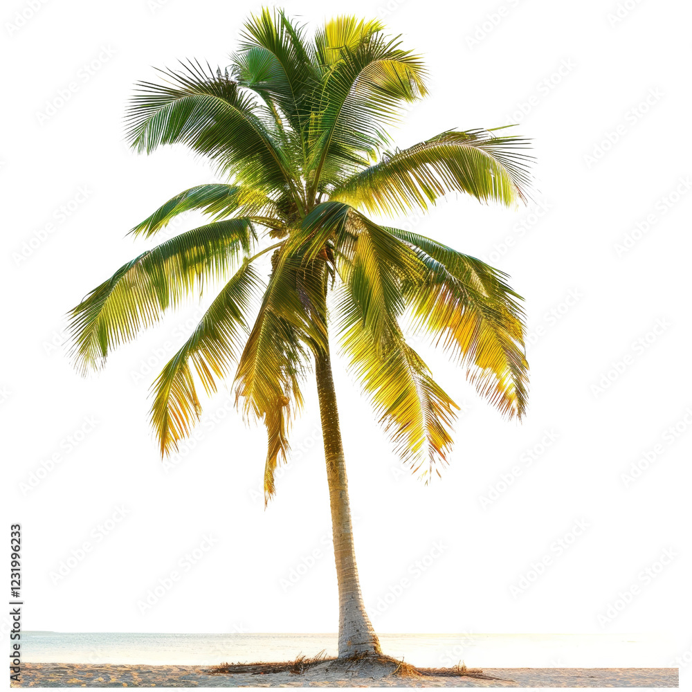 Obraz premium A vibrant green palm tree stands tall on a sandy beach against a clear sky, evoking tropical serenity and relaxation.
