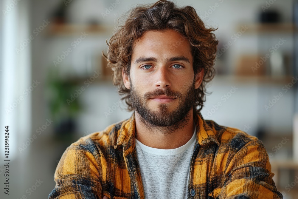 A young man with curly hair and a beard, dressed in a checkered shirt. He is seated, looking confidently at the camera in a bright, airy interior. A young man with curly hair and a beard, dressed in a checkered shirt. He is seated, looking confidently at the camera in a bright, airy interior.