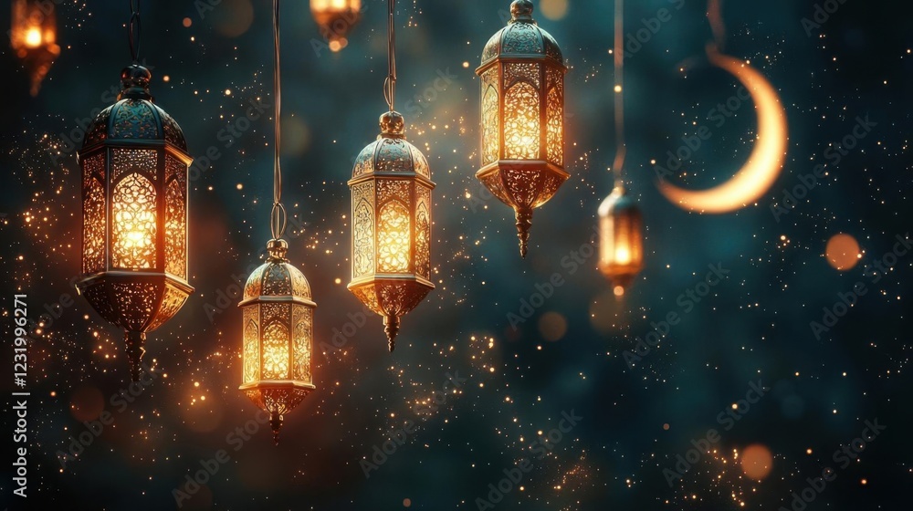 Obraz premium Softly Glowing Islamic Lanterns with Crescent Moon and Stars – Minimalist Design