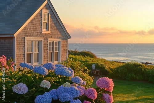 coastal cottage with weathered shingles, blooming hydrangeas, golden sunset light
