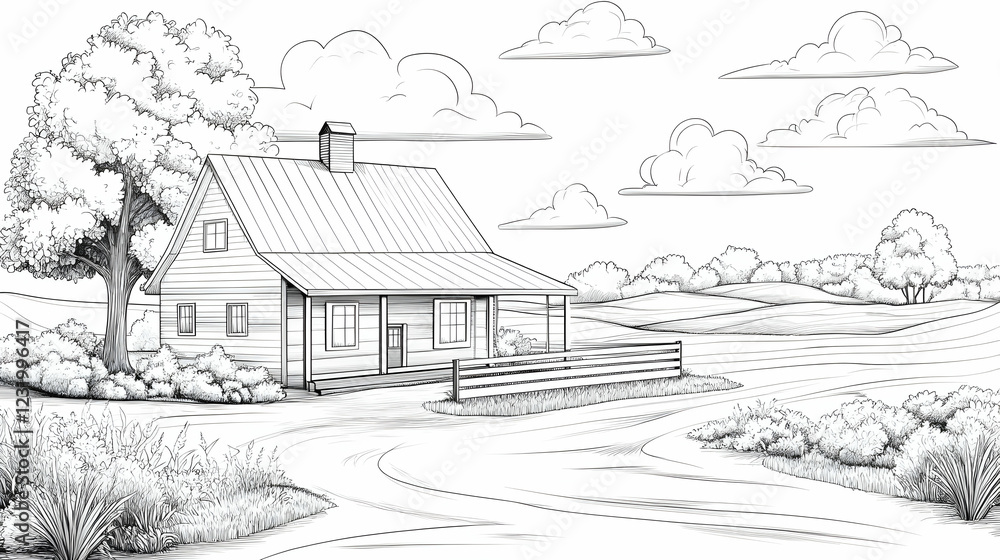 Fototapeta premium Rustic farmhouse, countryside landscape, peaceful scene, coloring page illustration