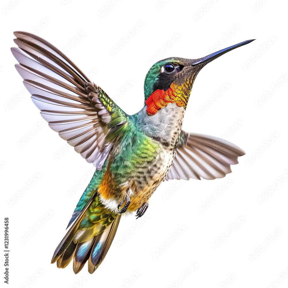 Fototapeta premium A vivid close-up of a colorful hummingbird in flight, displaying its vibrant feathers and majestic posture against a clear background.