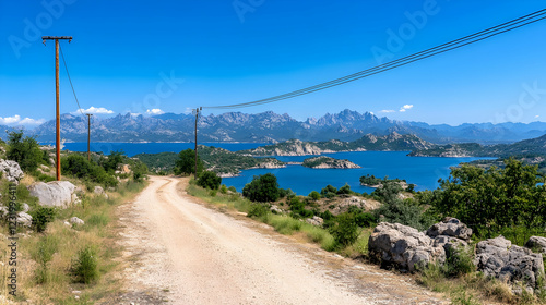 Scenic coastal road winding through hills, overlooking turquoise sea and mountains. Ideal for travel brochures photo