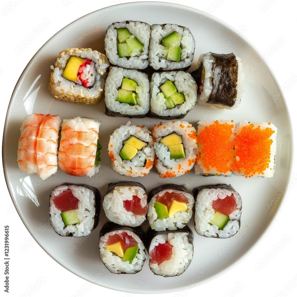 An appetizing assortment of sushi rolls and nigiri on a white plate, colorful and delicious, perfect for a gourmet dining experience. An appetizing assortment of sushi rolls and nigiri on a white plate, colorful and delicious, perfect for a gourmet dining experience.