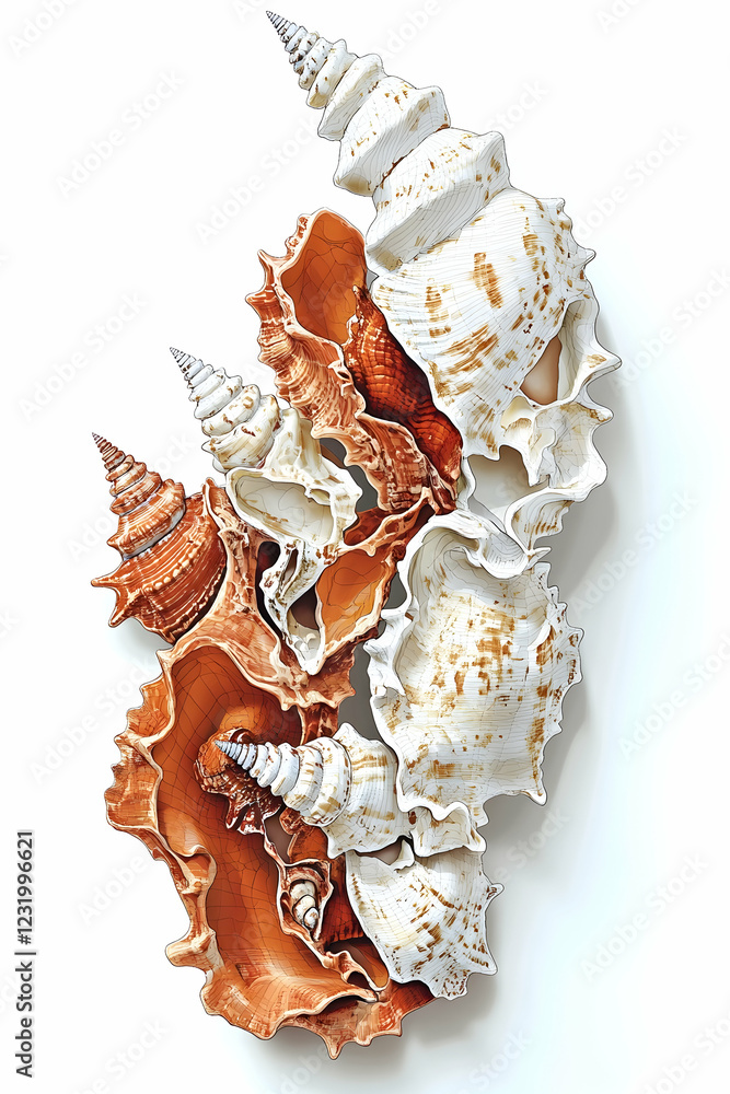 Obraz premium Seashells arrangement, white background, coastal decor, home decoration