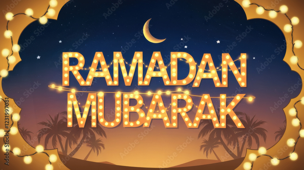 Fototapeta premium Celebratory Ramadan Mubarak display illuminated with warm lights and crescent moon at dusk
