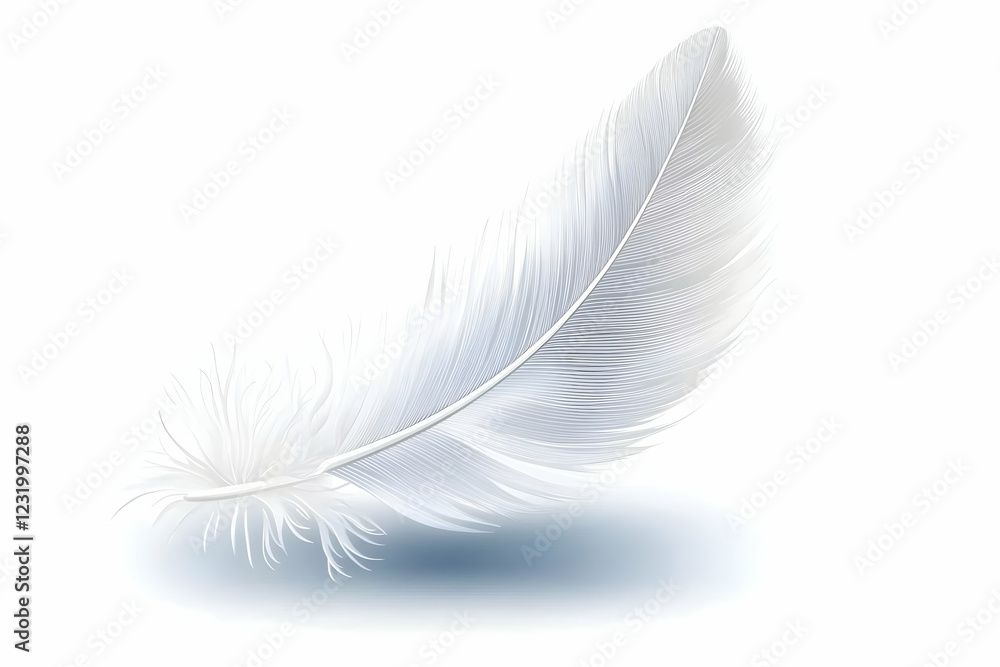 Single white feather floats on white background; light shadow below. Ideal for purity, lightness, softness concepts Single white feather floats on white background; light shadow below. Ideal for purity, lightness, softness concepts