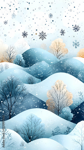 Wallpaper Mural Snowy winter hills landscape, falling snowflakes, winter trees, peaceful background, ideal for seasonal greetings Torontodigital.ca