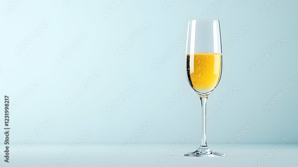 Sparkling wine flute, celebration toast, light blue background, copy space Sparkling wine flute, celebration toast, light blue background, copy space