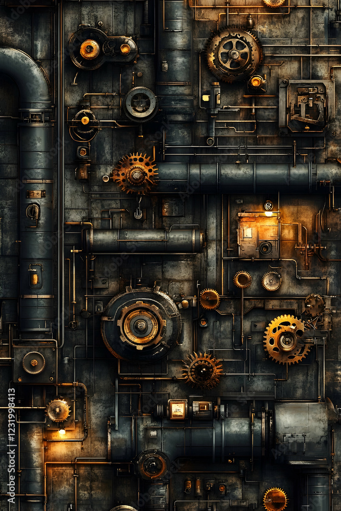 Fototapeta premium Steampunk gears, pipes, and mechanics on a textured wall, glowing lights, industrial background. Use Wallpaper, design