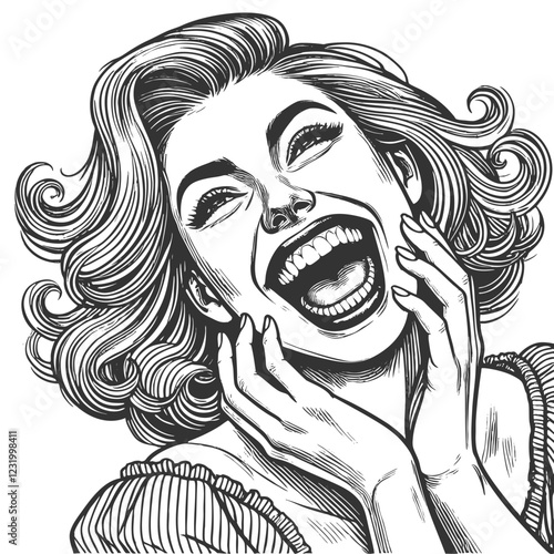 Crazy mad woman laughing joyfully with an expressive and dynamic pose sketch engraving generative ai fictional character vector illustration. Scratch board imitation. Black and white image.