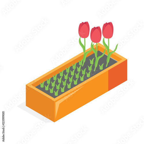 An isometric icon of a potted plant with two bright orange flowers