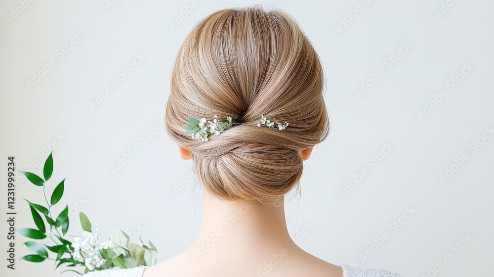 Naklejka premium A woman with a bun hairstyle and a green leaf in her hair