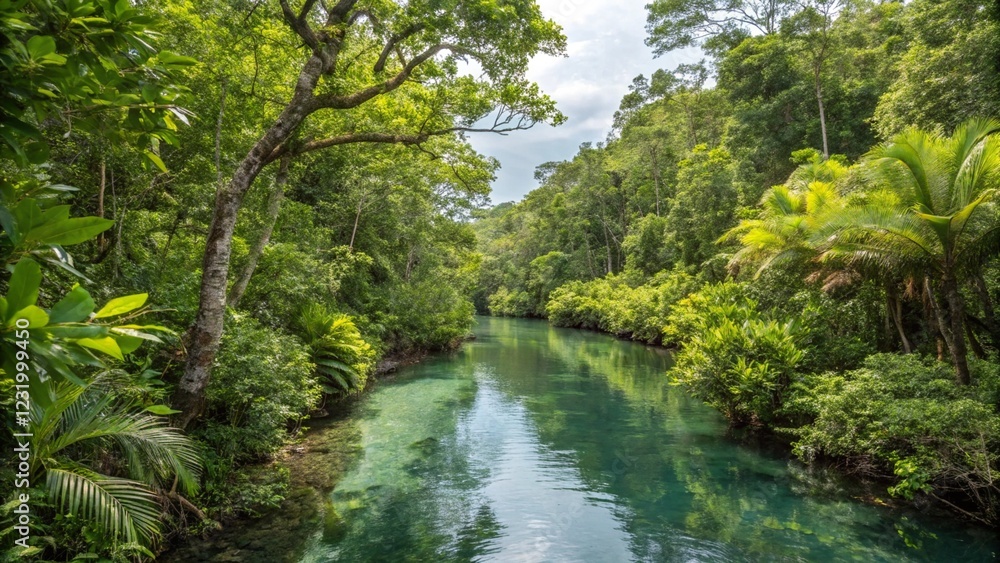 Serene Jungle River Winding Through Lush Foliage Serene Jungle River Winding Through Lush Foliage