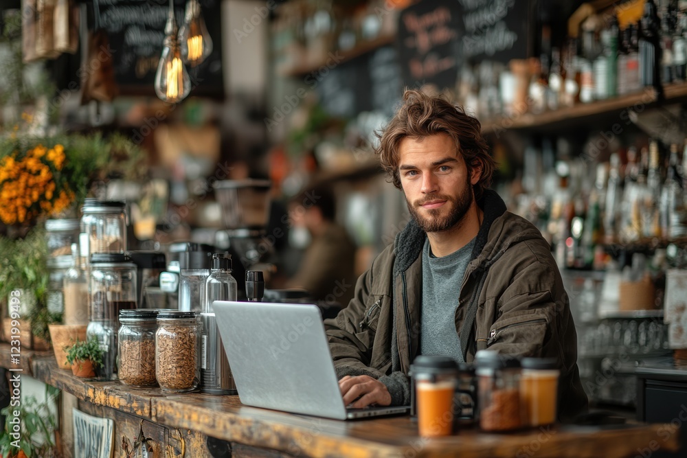 A young man working on a laptop in a cozy cafe with a rustic vibe, surrounded by jars and beverages, embodying the remote work lifestyle. A young man working on a laptop in a cozy cafe with a rustic vibe, surrounded by jars and beverages, embodying the remote work lifestyle.