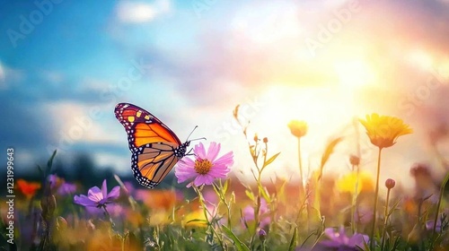 A butterfly resting on a blooming flower in a summer meadow.