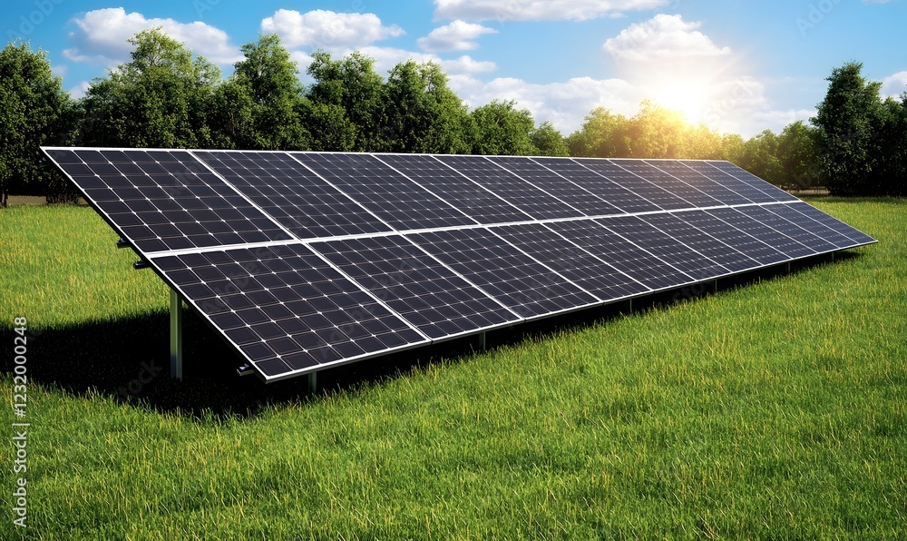 Solar panel array in field, sunlit, renewable energy Solar panel array in field, sunlit, renewable energy