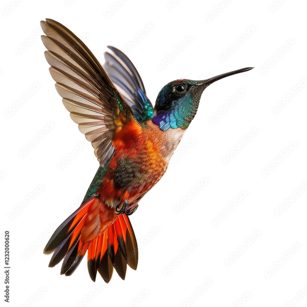 Obraz premium Close-up image of a colorful hummingbird in flight with vibrant plumage. Perfect for nature, animal, and wildlife themes.