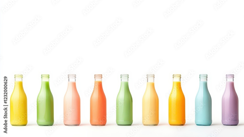 A row of colorful milk bottles lined up on a white background A row of colorful milk bottles lined up on a white background