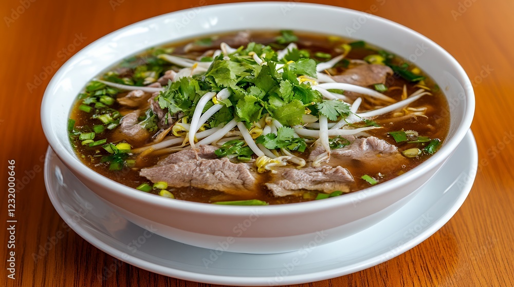 Savory Beef Noodle Soup with Fresh Herbs and Bean Sprouts Savory Beef Noodle Soup with Fresh Herbs and Bean Sprouts