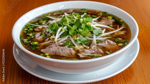 Savory Beef Noodle Soup with Fresh Herbs and Bean Sprouts