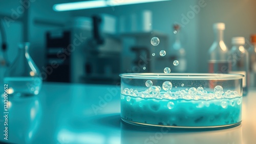 Close-up of Lab Petri Dish with Bubbles and Blue Liquid in Scientific Research Setting