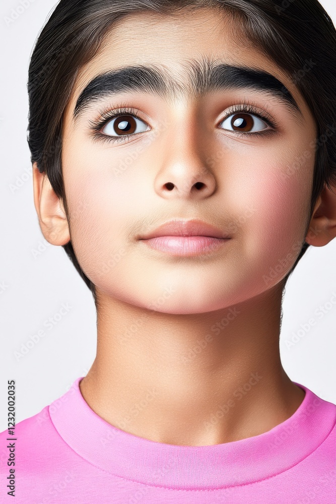 Young child with unique facial features poses in bright pink shirt against neutral background Young child with unique facial features poses in bright pink shirt against neutral background