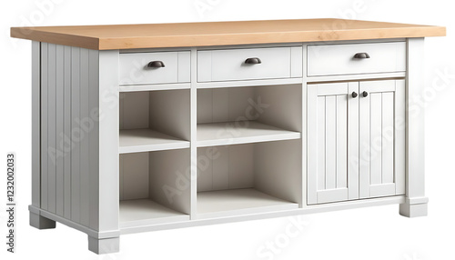 White Kitchen Island with Butcher Block Top and Storage photo