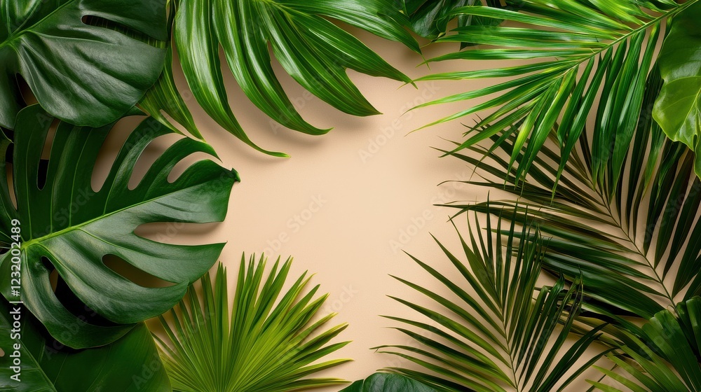Lush Green Tropical Leaves Framing a Blank Beige Background for Nature-Themed Designs and Illustrations Lush Green Tropical Leaves Framing a Blank Beige Background for Nature-Themed Designs and Illustrations