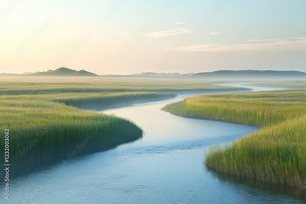 Calm river winding through a grassy meadow, with the sky painted in soft pastels and the morning mist slowly lifting. Calm river winding through a grassy meadow, with the sky painted in soft pastels and the morning mist slowly lifting.