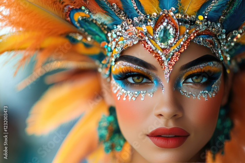 Wallpaper Mural Close-up of a woman dressed in vibrant carnival makeup adorned with bold colors, featuring a dazzling crown and feathers, embodying the festive spirit of Rio de Janeiro's celebrations. Torontodigital.ca