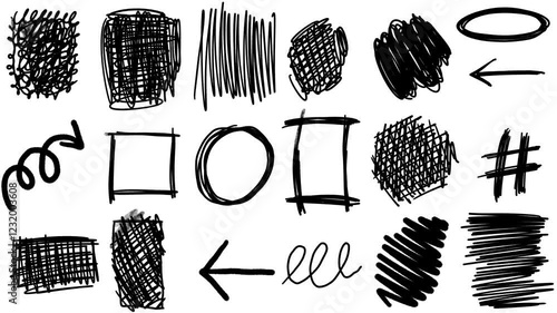 Set of animated Hand drawn tangle scribble doodle sketch, Highlighter Elements, Doodle marker elements, arrows, circles, lines, scratches frames, borders. Green screen, Alpha channel, white background
