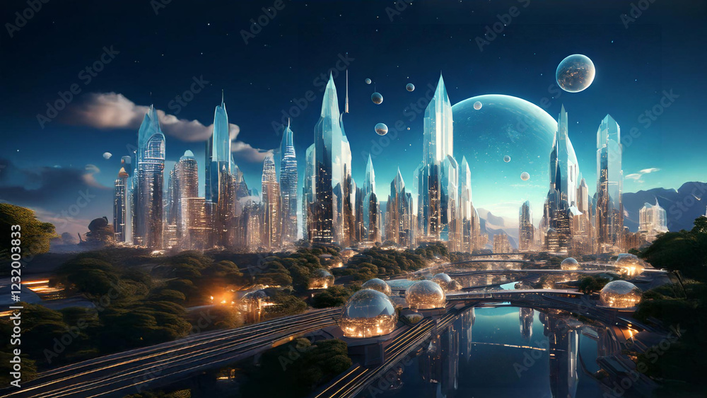Obraz premium Futuristic Crystal City with Sci-Fi Skyline and Floating Planets