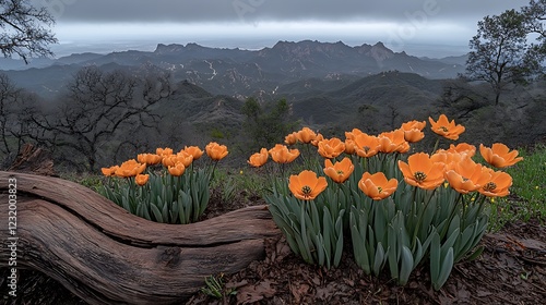 A mix of red, yellow, and blue flowers on a hilltop. photo