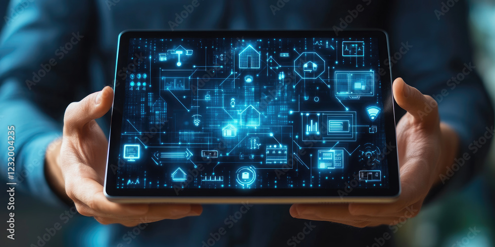 All in one smart home control system app concept on tablet display in man hands. All in one smart home control system app concept on tablet display in man hands.