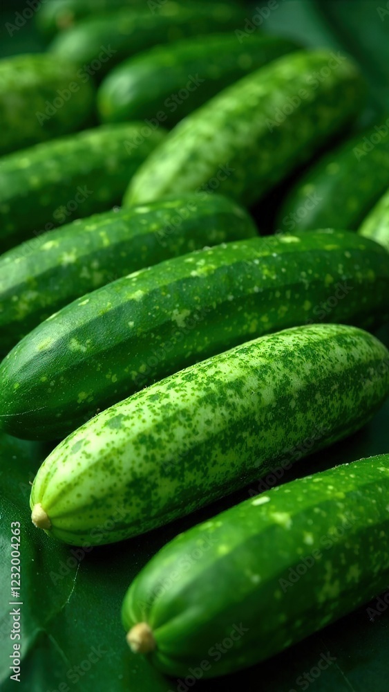 Cluster of fresh, green cucumbers is resting peacefully on a table. Generative AI Cluster of fresh, green cucumbers is resting peacefully on a table. Generative AI