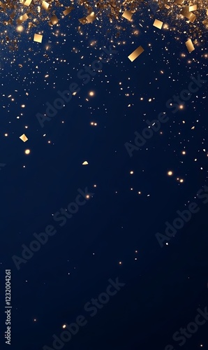 Gold confetti falling on dark blue background, ideal for celebratory design