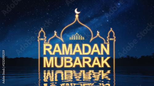 Wallpaper Mural Colorful Ramadan Mubarak greeting in a serene night setting with stars and a crescent moon in the sky Torontodigital.ca